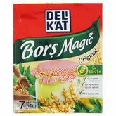 A 20g packet of DeliKat Bors Magic Original Tarate & Leustean soup seasoning, with grains and a jar on the packaging and Romanian text reflecting traditional flavors.